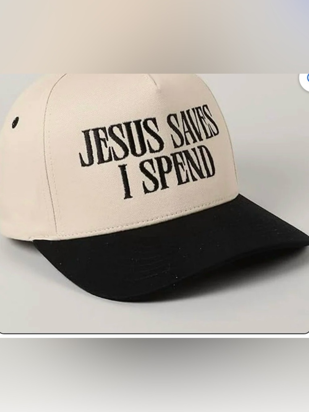 Jesus Saves I Spend Embroidered Trucker Hat Black & Cream Adjustable NWT - Picture 2 of 6